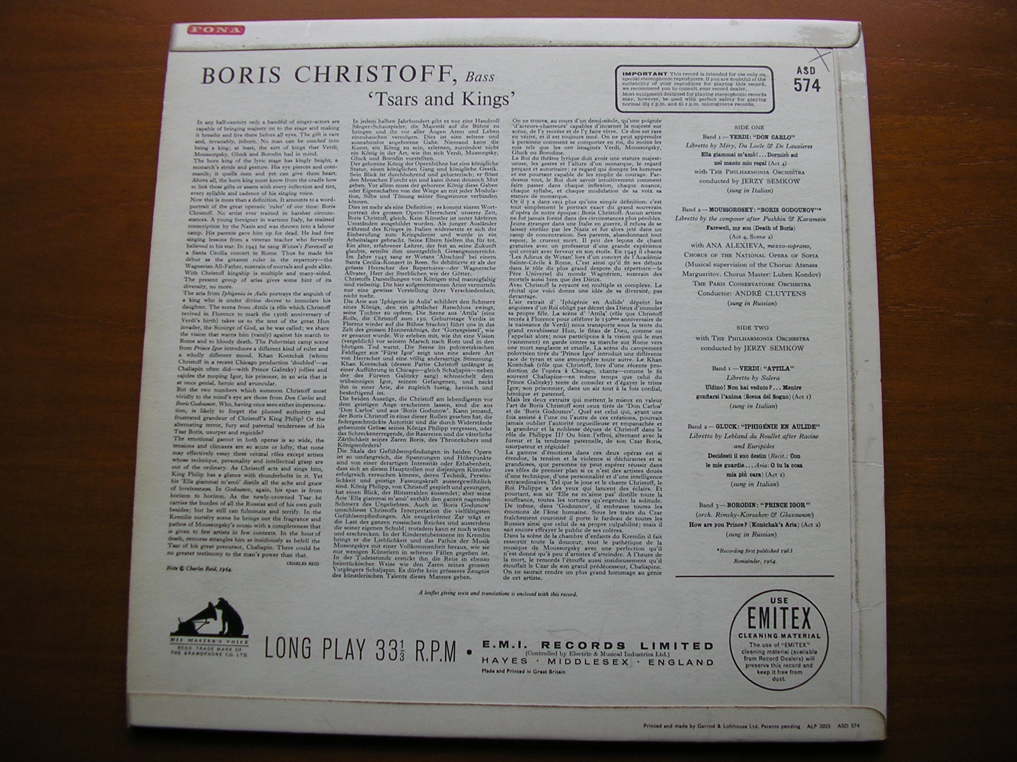TSARS & KINGS: OPERA ARIAS BY VERDI / MUSSORGSKY / GLUCK / BORODIN    BORIS CHRISTOFF / PHILHARMONIA / JERZY SEMKOW    ASD 574