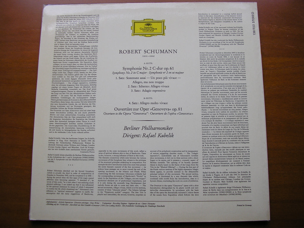 SCHUMANN: SYMPHONY No. 2 / GENOVEVA OVERTURE       KUBELIK / BERLIN PHILHARMONIC    138 955