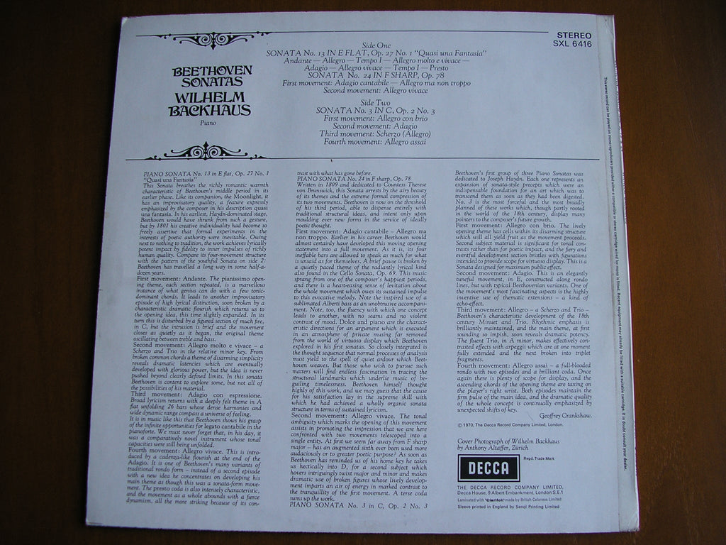 SXL 6416 BEETHOVEN:PIANO SONATAS Nos. 3 / 13 / 24      WILHELM BACKHAUS      ED3