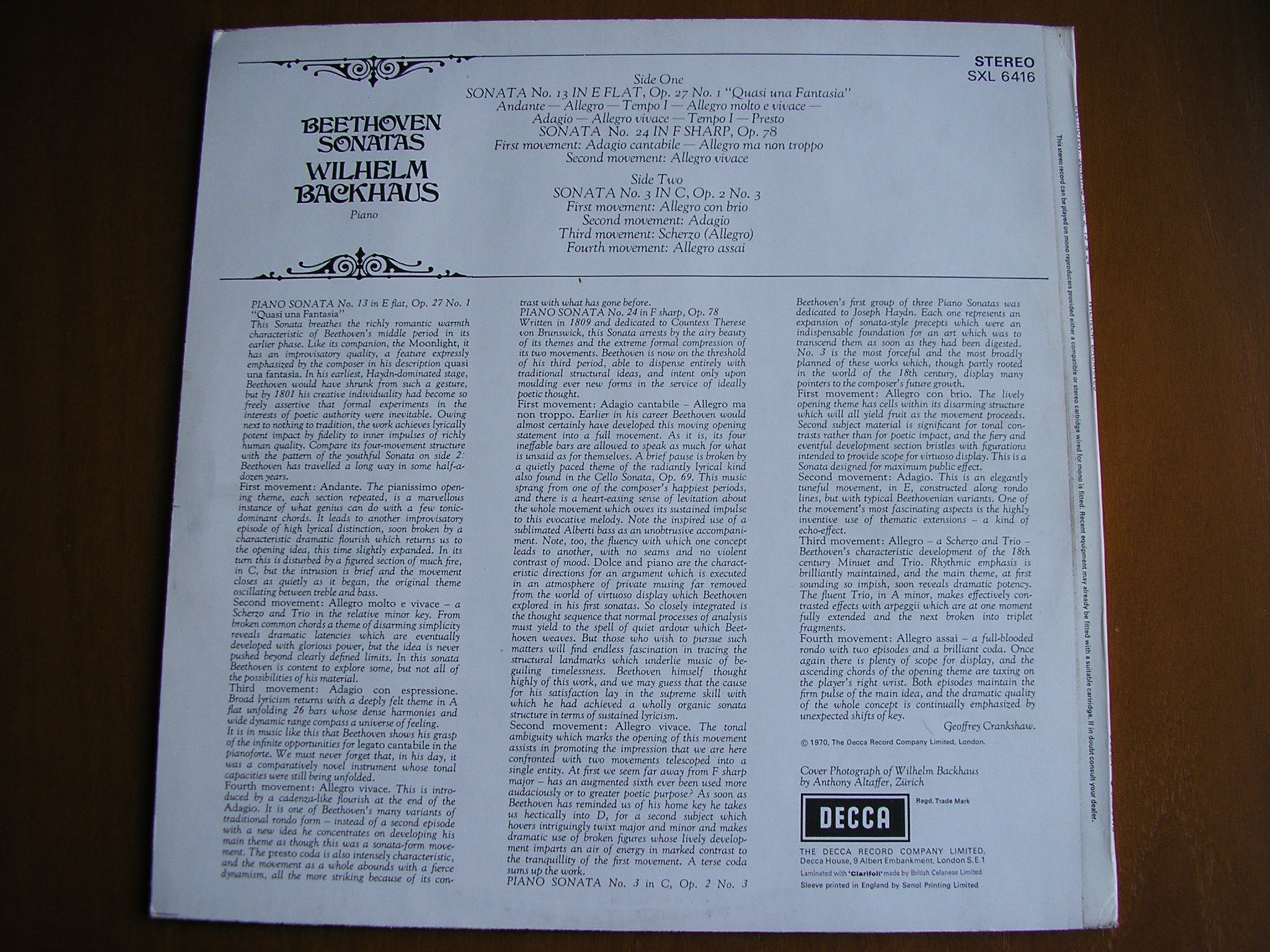 SXL 6416 BEETHOVEN:PIANO SONATAS Nos. 3 / 13 / 24      WILHELM BACKHAUS      ED3
