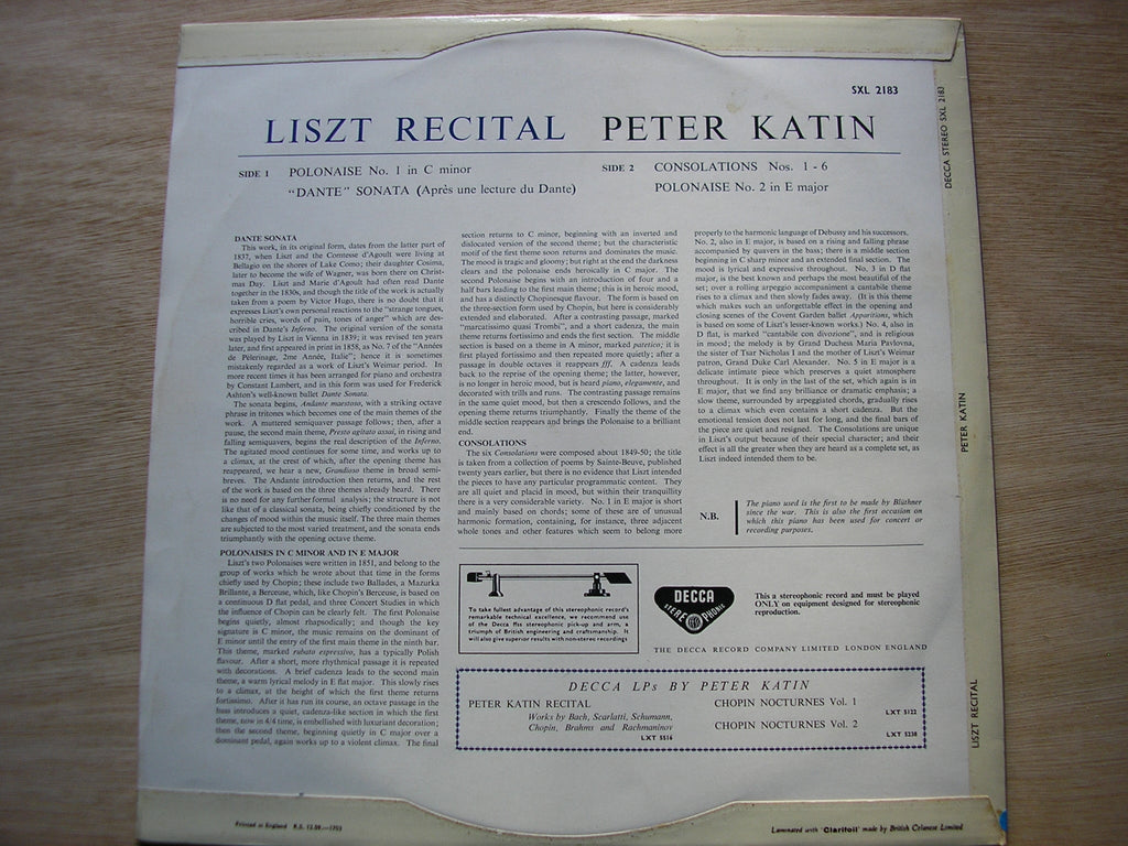 SXL 2183  LISZT: PIANO MUSIC     PETER KATIN    ED 1