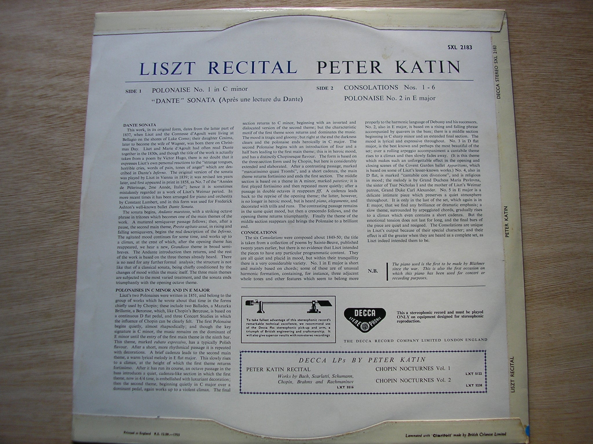SXL 2183  LISZT: PIANO MUSIC     PETER KATIN    ED 1