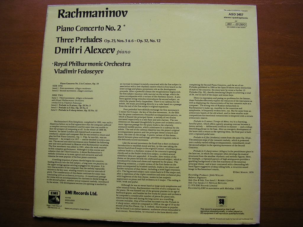RACHMANINOV: PIANO CONCERTO No. 2      ALEXEEV / ROYAL PHILHARMONIC / FEDOSEYEV     ASD 3457