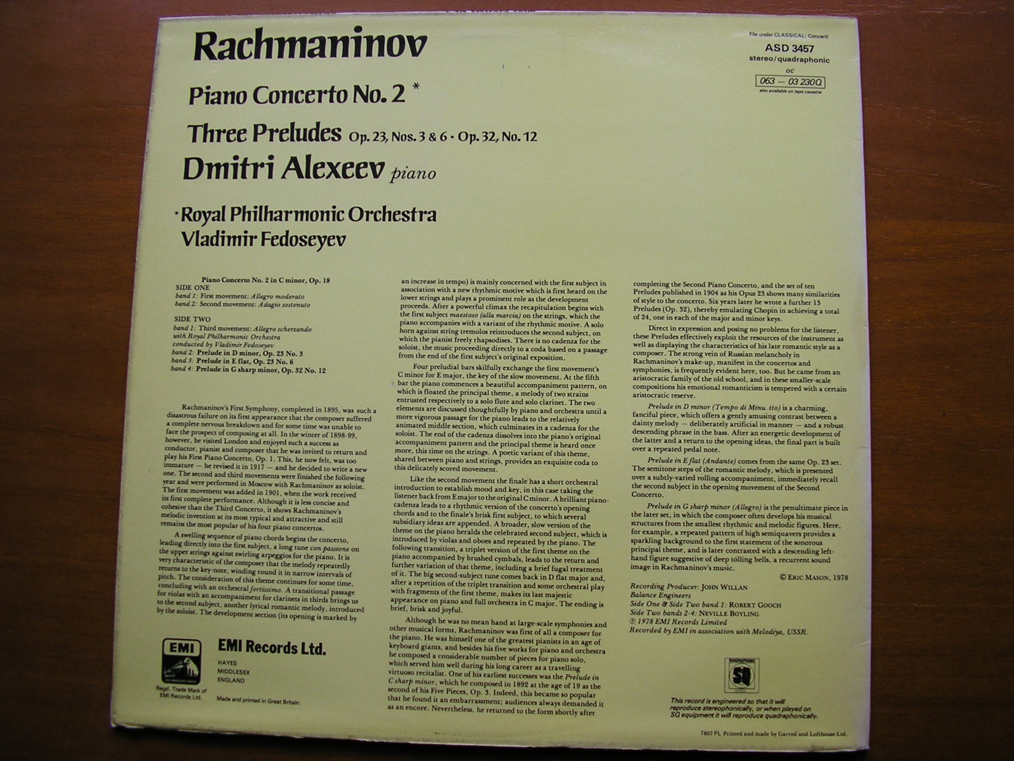 RACHMANINOV: PIANO CONCERTO No. 2      ALEXEEV / ROYAL PHILHARMONIC / FEDOSEYEV     ASD 3457