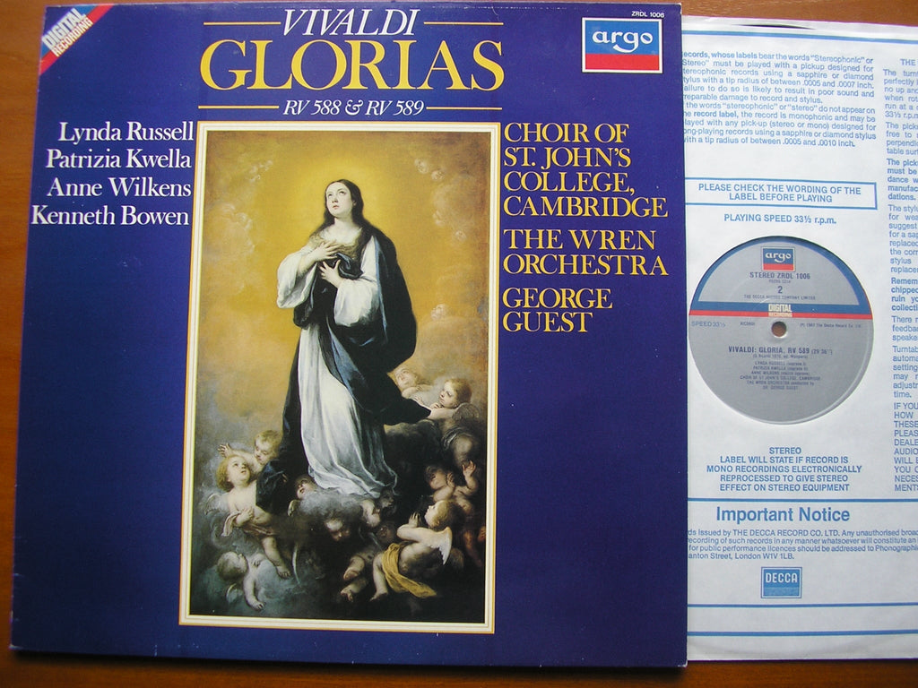 VIVALDI: GLORIAS  RV 588 & RV 589           SOLOISTS / CHOIR OF ST JOHN'S COLLEGE / THE WREN ORCHESTRA     ZRDL 1006