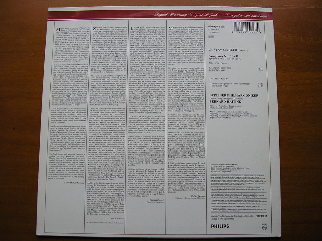 MAHLER: SYMPHONY No. 1       HAITINK / BERLIN PHILHARMONIC      420 936