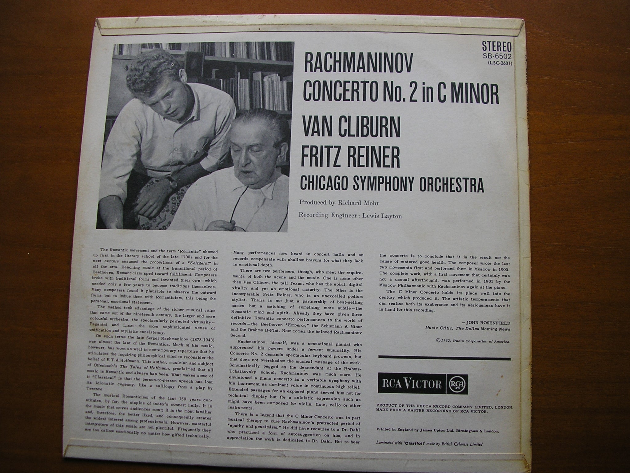 RACHMANINOV: PIANO CONCERTO No. 2      VAN CLIBURN / CHICAGO SYMPHONY / REINER     SB 6502