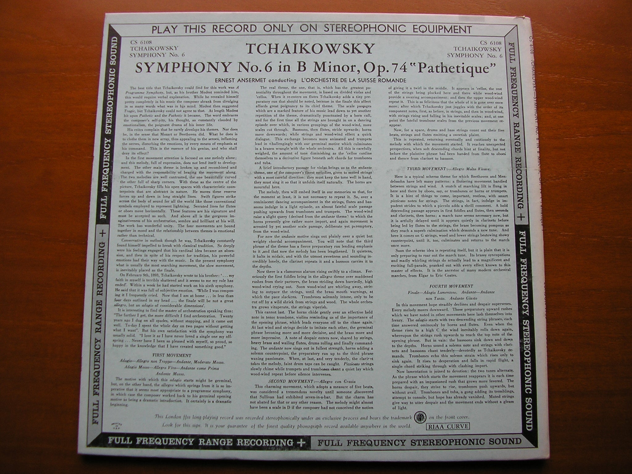 TCHAIKOVSKY: SYMPHONY No. 6    ANSERMET / SUISSE ROMANDE ORCHESTRA   CS 6108