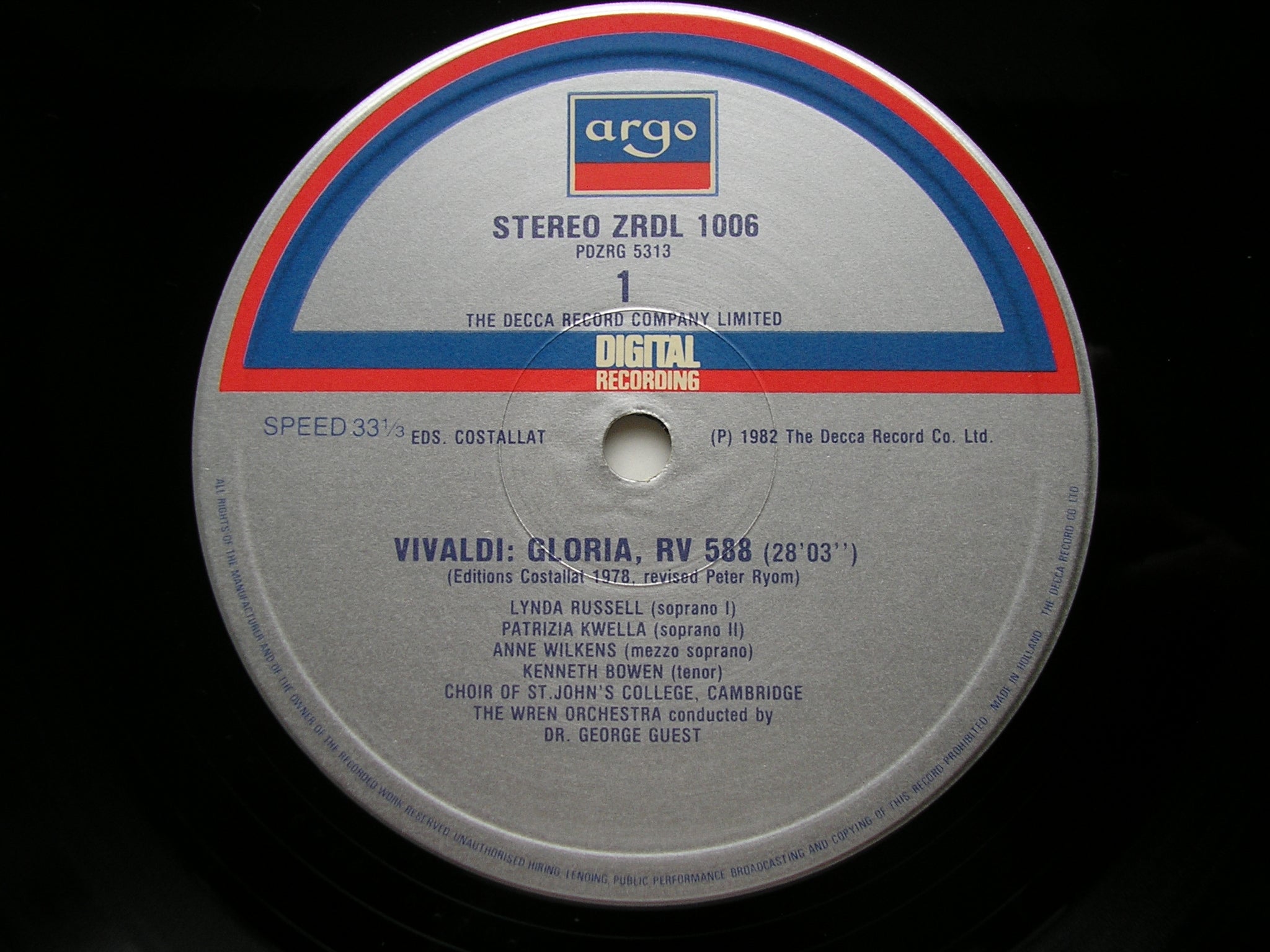 VIVALDI: GLORIAS  RV 588 & RV 589           SOLOISTS / CHOIR OF ST JOHN'S COLLEGE / THE WREN ORCHESTRA     ZRDL 1006