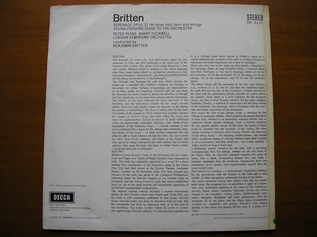 BRITTEN: SERENADE / YOUNG PERSON'S GUIDE TO THE ORCHESTRA   PEARS / TUCKWELL / LSO / BRITTEN    SXL 6110