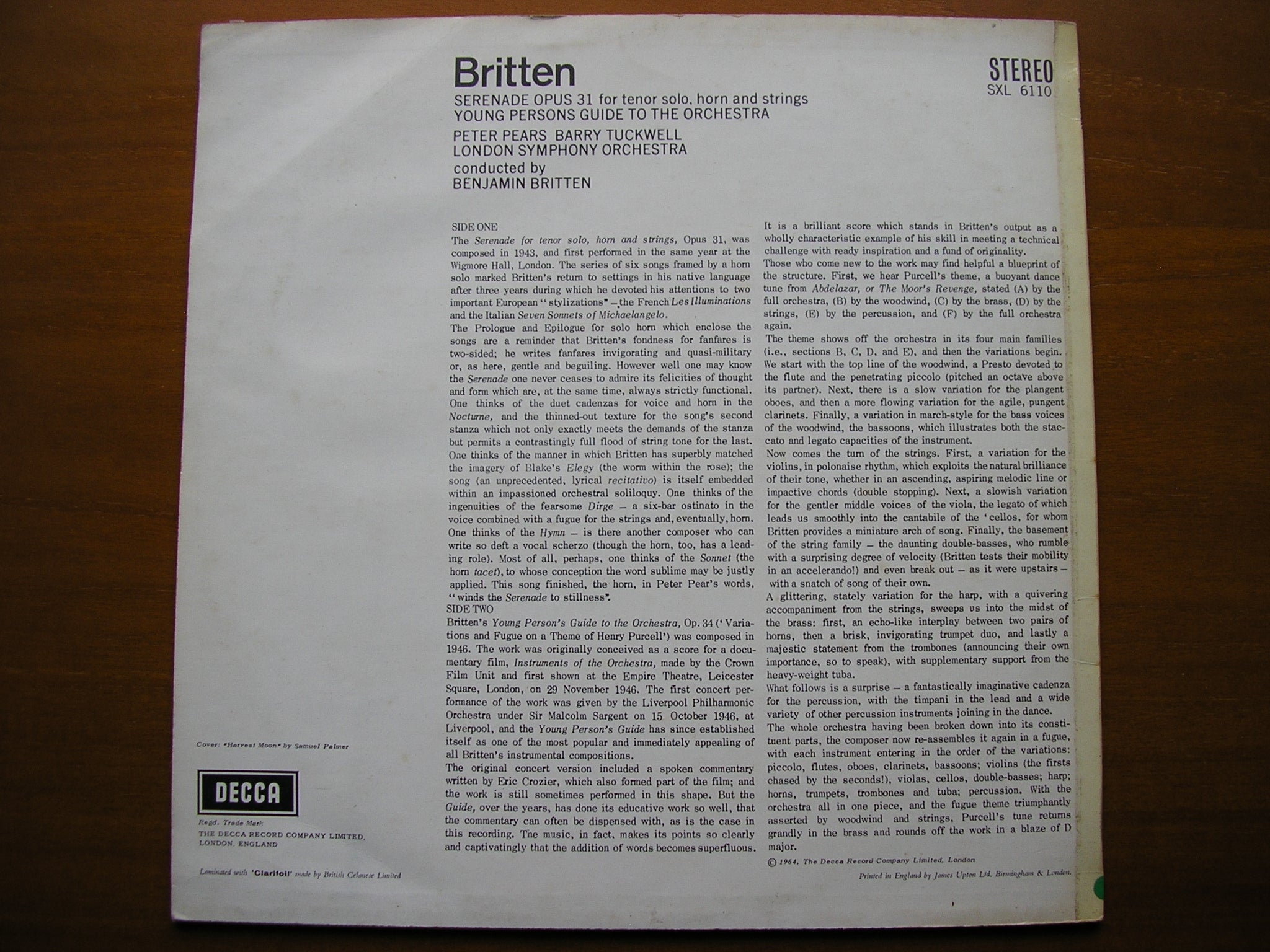BRITTEN: SERENADE / YOUNG PERSON'S GUIDE TO THE ORCHESTRA   PEARS / TUCKWELL / LSO / BRITTEN    SXL 6110