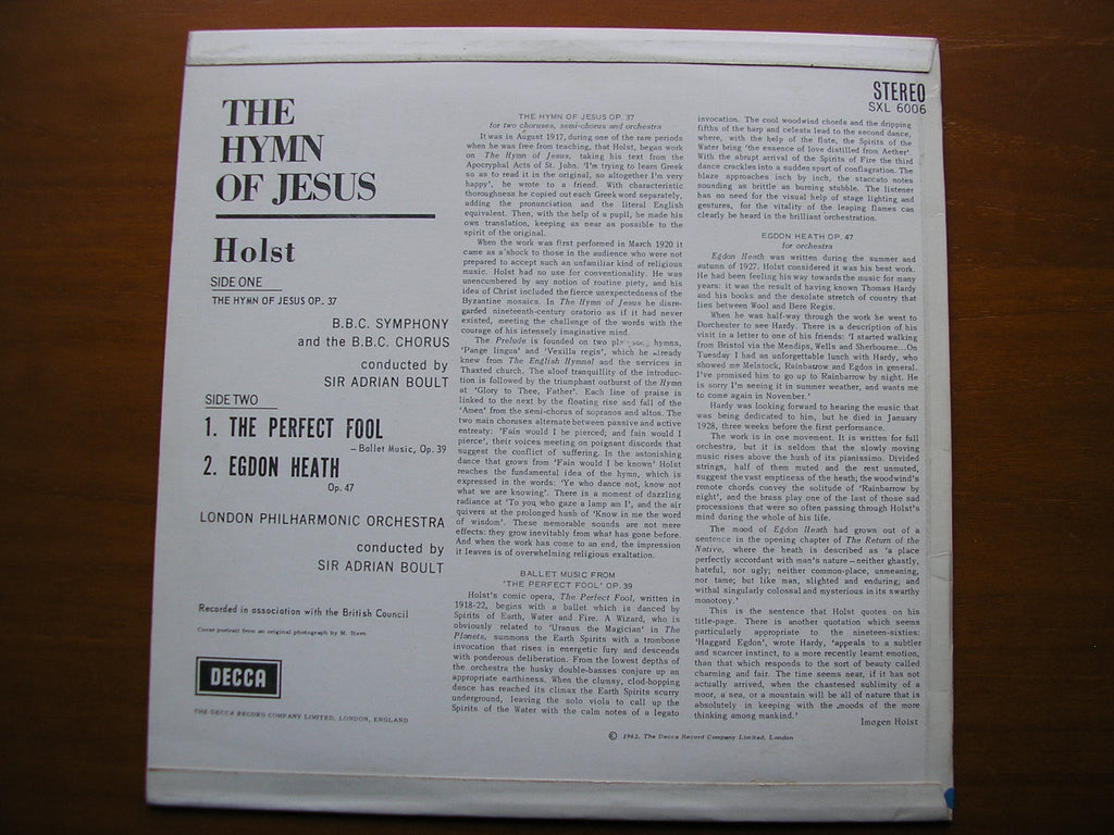 SXL 6006  HOLST: HYMN OF JESUS / EGDON HEATH / THE PERFECT FOOL     BOULT / LONDON PHILHARMONIC     ED 1