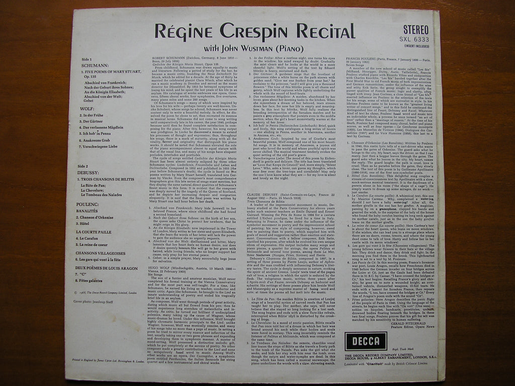 SXL 6333 REGINE CRESPIN SONG RECITAL: POULENC / DEBUSSY / WOLF / SCHUMANN CRESPIN / WUSTMAN