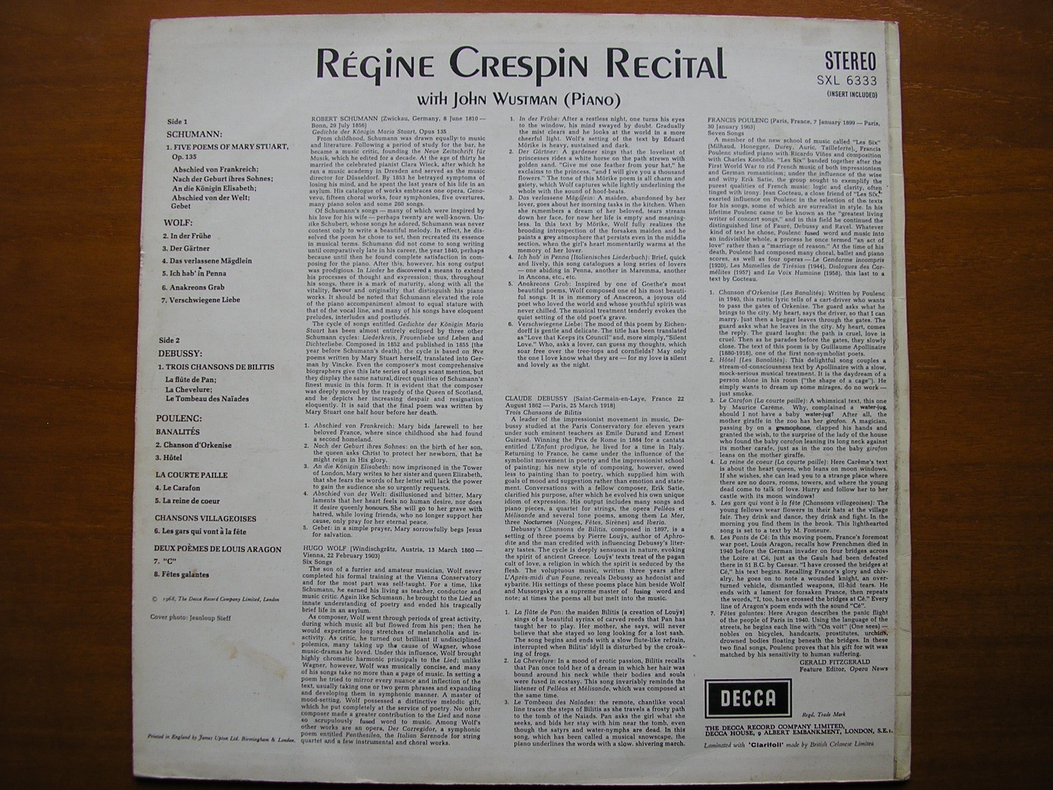 SXL 6333 REGINE CRESPIN SONG RECITAL: POULENC / DEBUSSY / WOLF / SCHUMANN CRESPIN / WUSTMAN