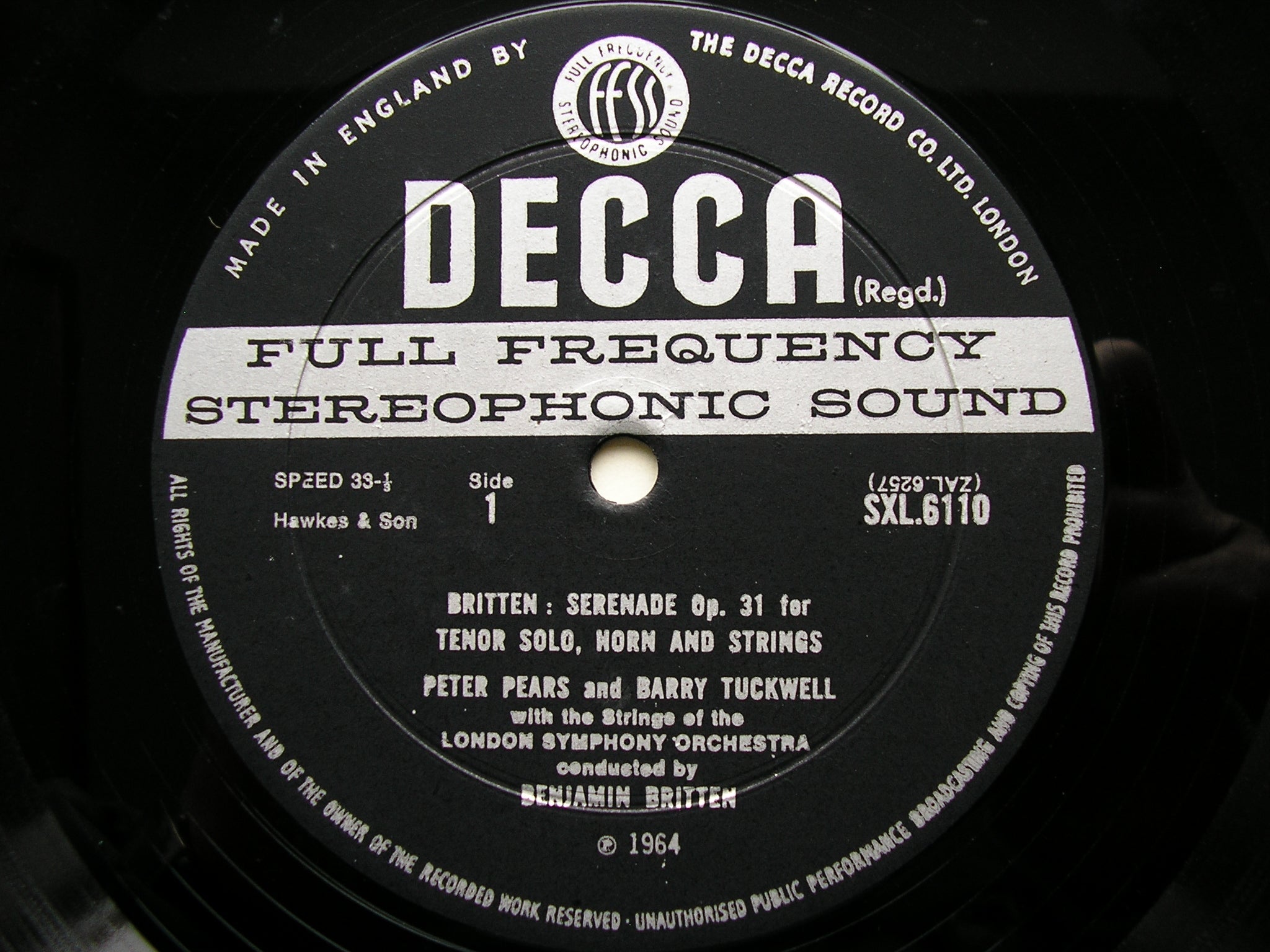 BRITTEN: SERENADE / YOUNG PERSON'S GUIDE TO THE ORCHESTRA   PEARS / TUCKWELL / LSO / BRITTEN    SXL 6110