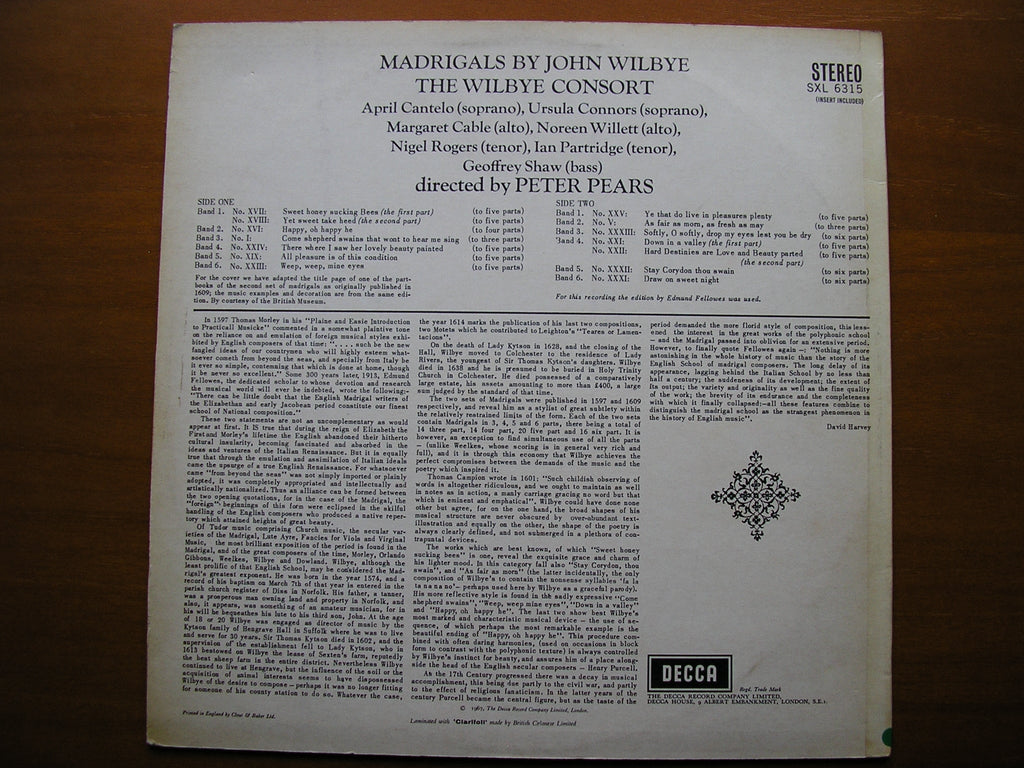 SXL 6315  WILBYE: MADRIGALS (1609)     THE WILBYE CONSORT / PEARS    ED2