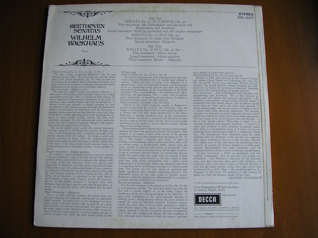 SXL 6417 BEETHOVEN: PIANO SONATAS Nos. 16 / 22 / 27       WILHELM BACKHAUS      ED3