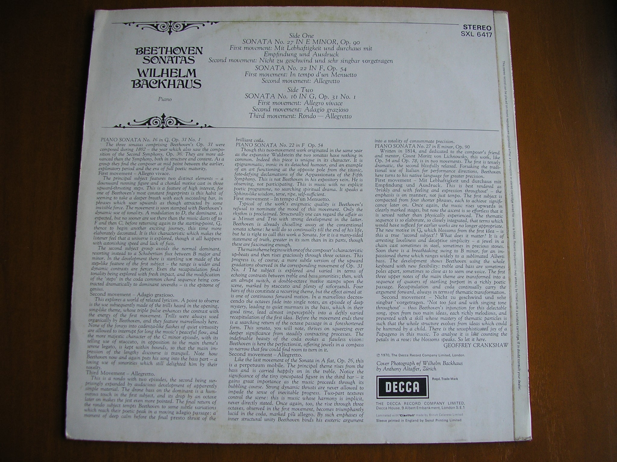 SXL 6417 BEETHOVEN: PIANO SONATAS Nos. 16 / 22 / 27       WILHELM BACKHAUS      ED3