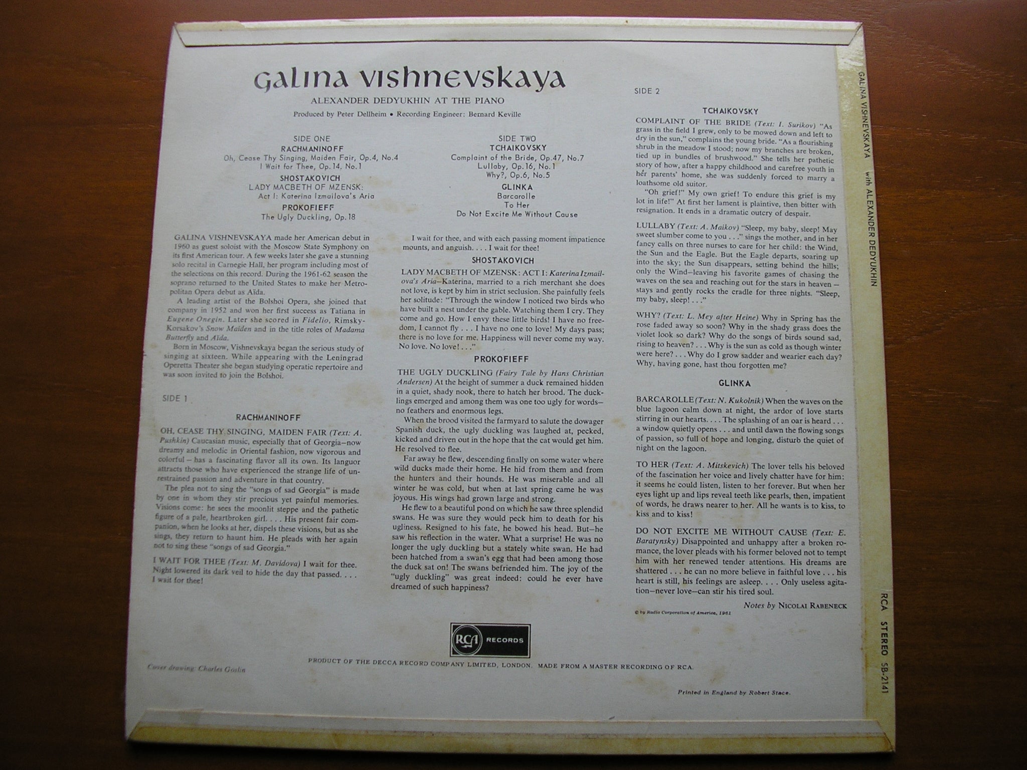 GALINA VISHNEVSKAYA SINGS RUSSIAN SONGS: RACHMANINOV / GLINKA / TCHAIKOVSKY / PROKOFIEV     SB 2141