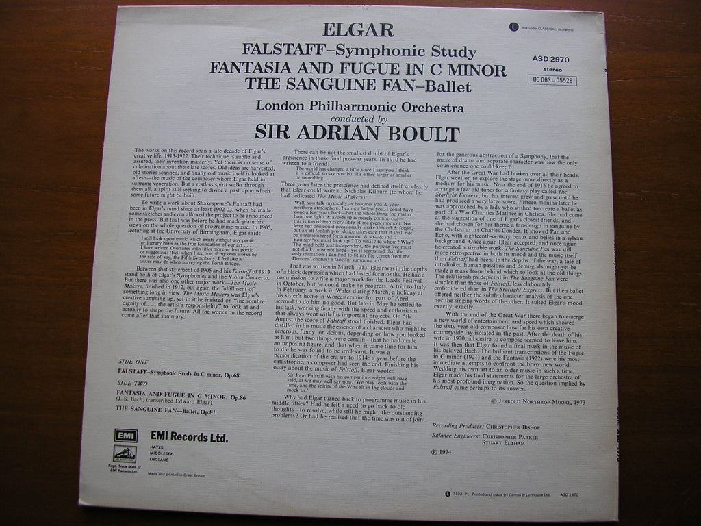 BACH-ELGAR: FANTASIA & FUGUE / ELGAR: FALSTAFF / THE SANGUINE FAN    BOULT / LONDON PHILHARMONIC   ASD 2970