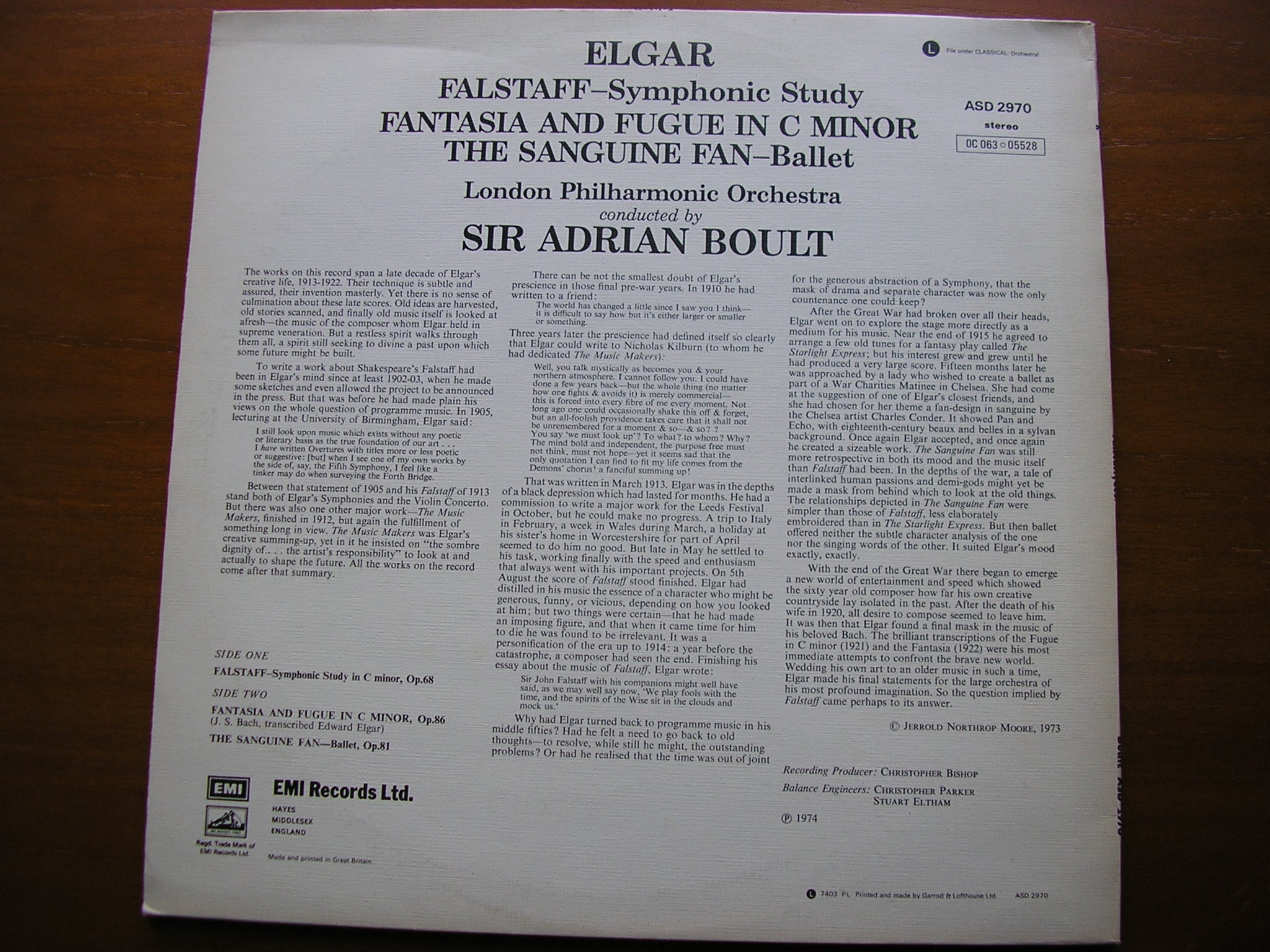 BACH-ELGAR: FANTASIA & FUGUE / ELGAR: FALSTAFF / THE SANGUINE FAN    BOULT / LONDON PHILHARMONIC   ASD 2970