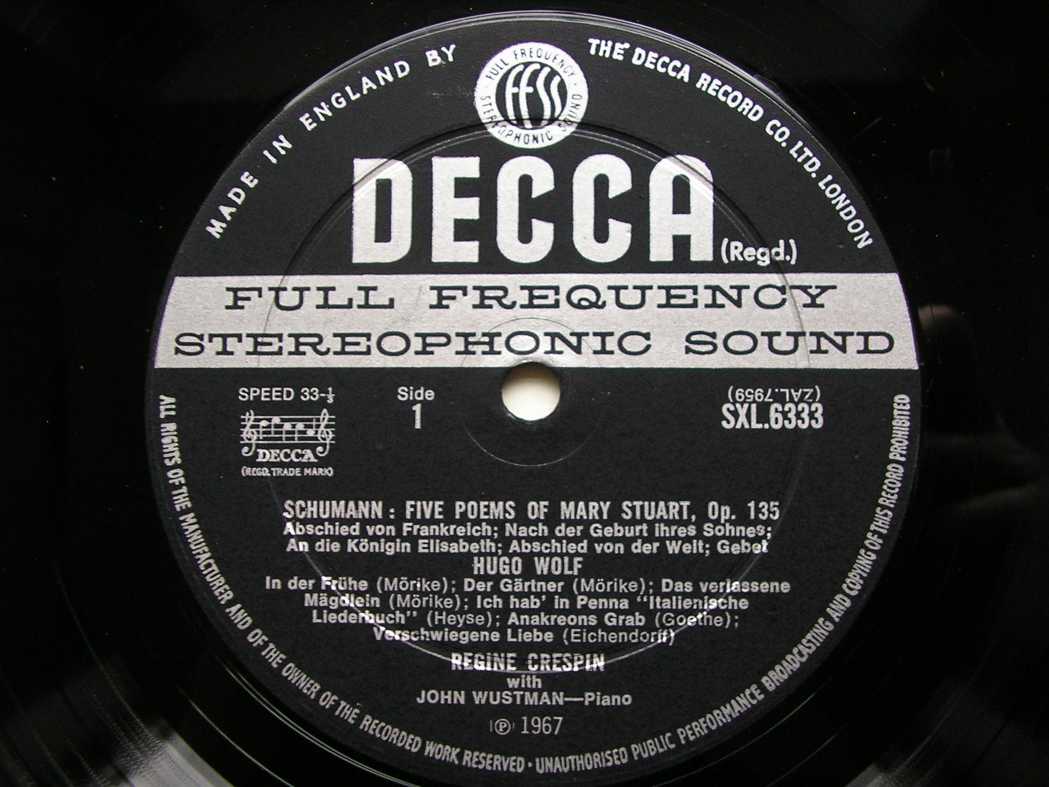 SXL 6333 REGINE CRESPIN SONG RECITAL: POULENC / DEBUSSY / WOLF / SCHUMANN CRESPIN / WUSTMAN