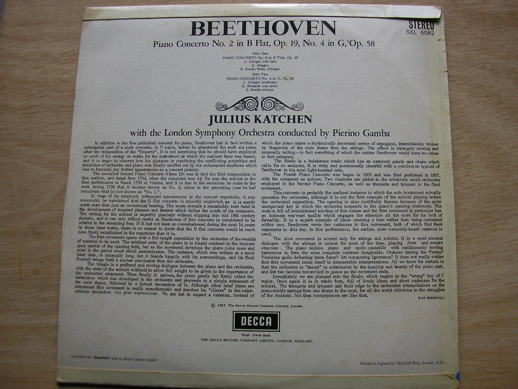 SXL 6082 BEETHOVEN: PIANO CONCERTOS Nos. 2 & 4 KATCHEN / LONDON SYMPHONY / GAMBA