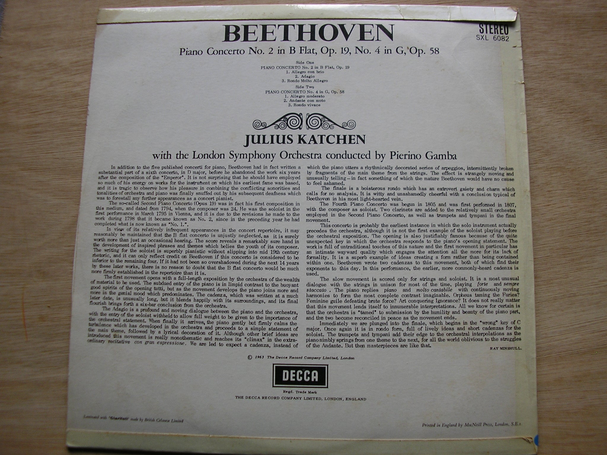 SXL 6082 BEETHOVEN: PIANO CONCERTOS Nos. 2 & 4 KATCHEN / LONDON SYMPHONY / GAMBA