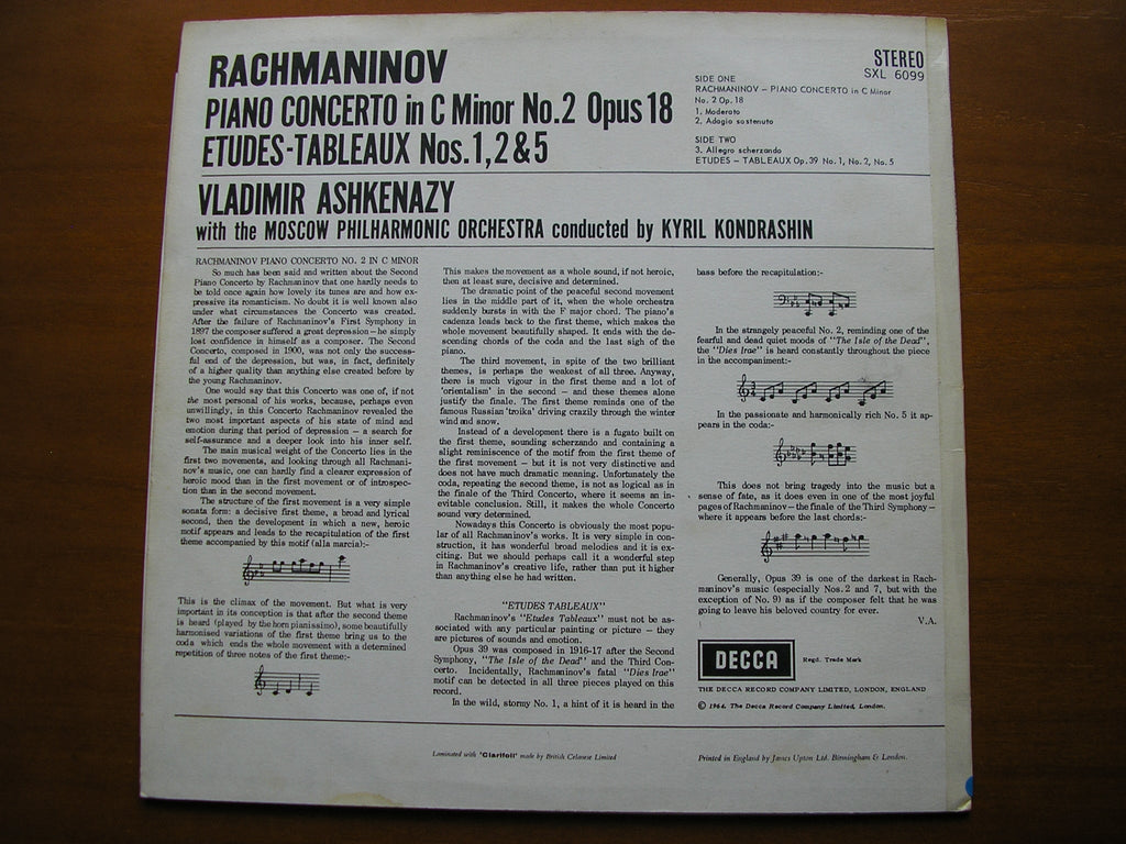 RACHMANINOV: PIANO CONCERTO No. 2      ASHKENAZY / MOSCOW PHILHARMONIC / KONDRASHIN      SXL 6099