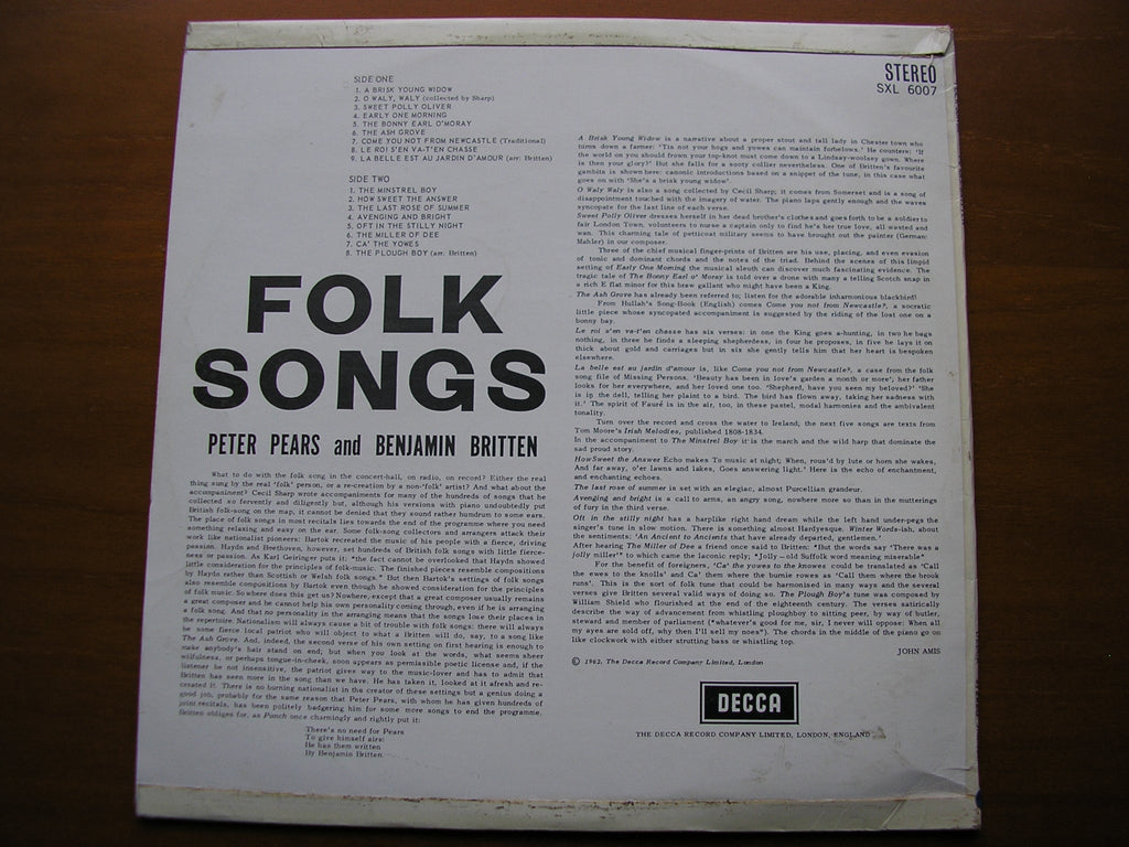 SXL 6007  FOLK SONGS    PETER PEARS & BENJAMIN BRITTEN     ED 1