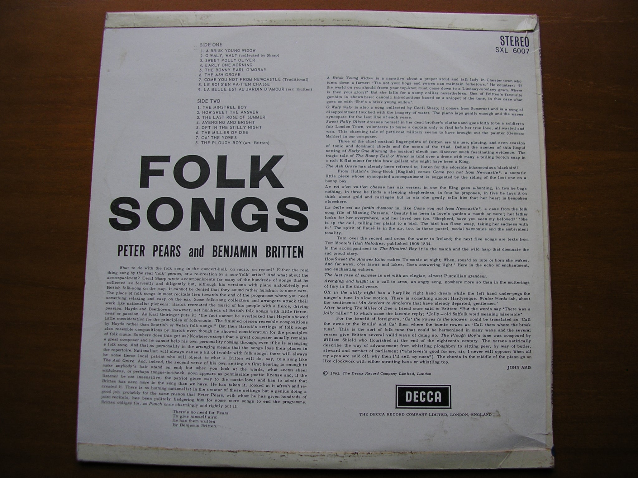 SXL 6007  FOLK SONGS    PETER PEARS & BENJAMIN BRITTEN     ED 1