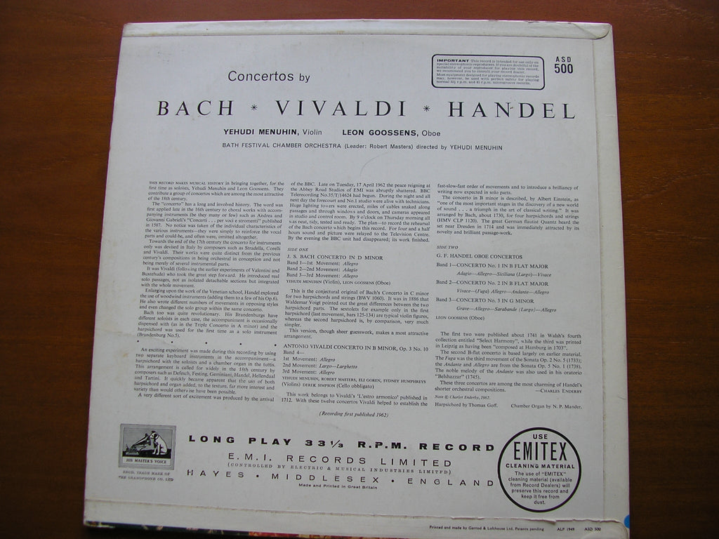 BACH / VIVALDI / HANDEL: CONCERTOS    MENUHIN / GOOSSENS / BATH FESTIVAL CHAMBER ORCHESTRA / MENUHIN     ASD 500