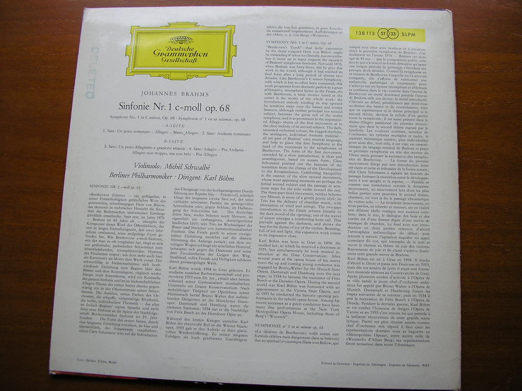 BRAHMS: SYMPHONY No. 1    BOHM / BERLIN PHILHARMONIC   138 113