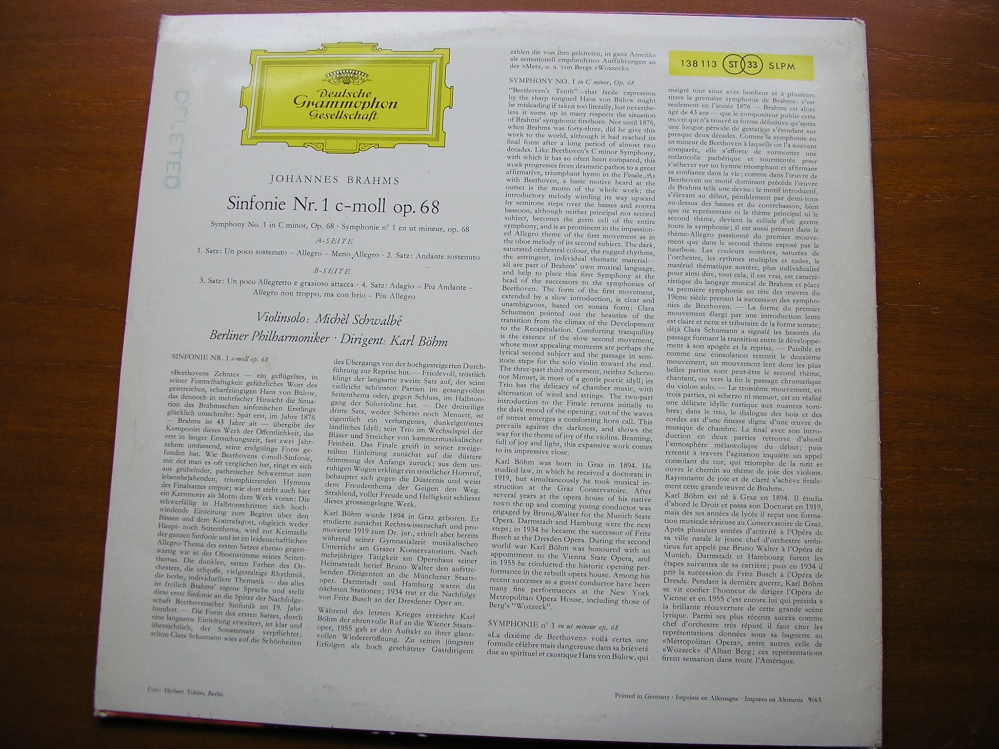 BRAHMS: SYMPHONY No. 1    BOHM / BERLIN PHILHARMONIC   138 113