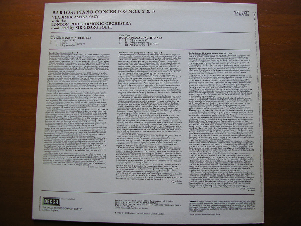 BARTOK: PIANO CONCERTOS Nos. 2 & 3     ASHKENAZY / LONDON PHILHARMONIC / SIR GEORG SOLTI     SXL 6937