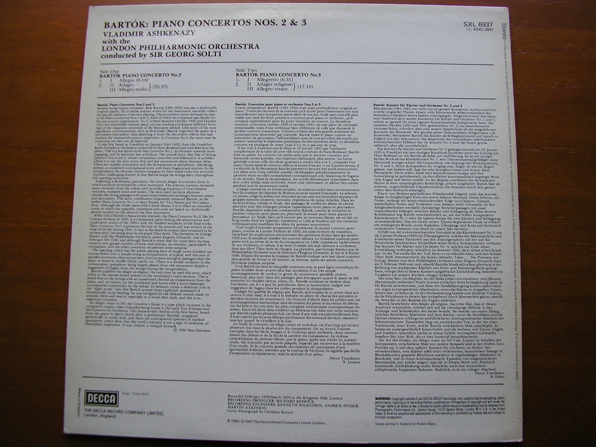 BARTOK: PIANO CONCERTOS Nos. 2 & 3     ASHKENAZY / LONDON PHILHARMONIC / SIR GEORG SOLTI     SXL 6937