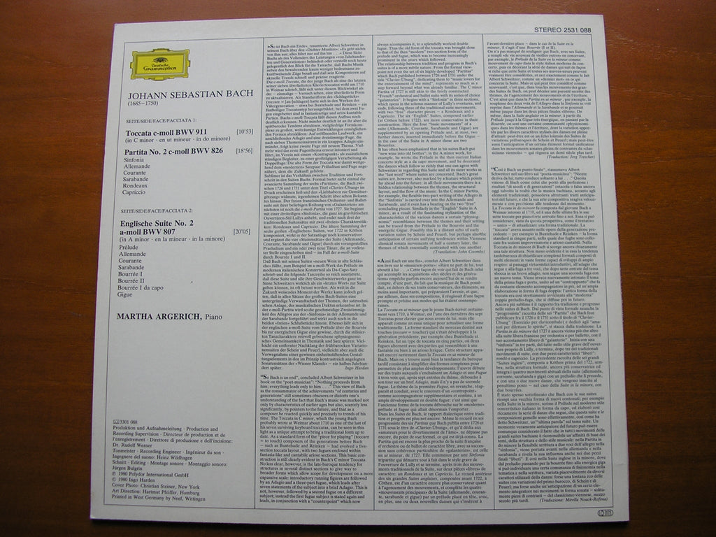 BACH: TOCCATA BWV911 / ENGLISCHE SUITE No. 2 / PARTITA BWV826 MARTHA ARGERICH DG 2531 088