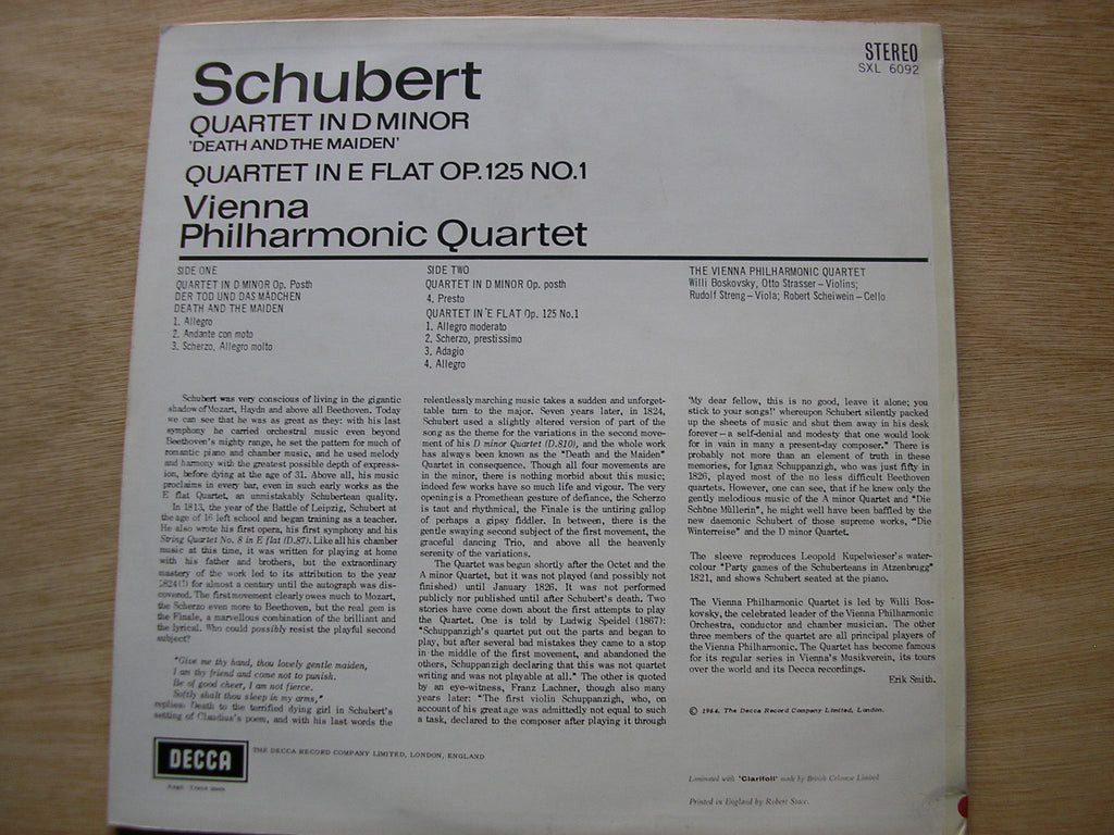 SXL 6092 SCHUBERT: QUARTET IN D 'Death & The Maiden' / QUARTET in E VIENNA PHILHARMONIC QUARTET