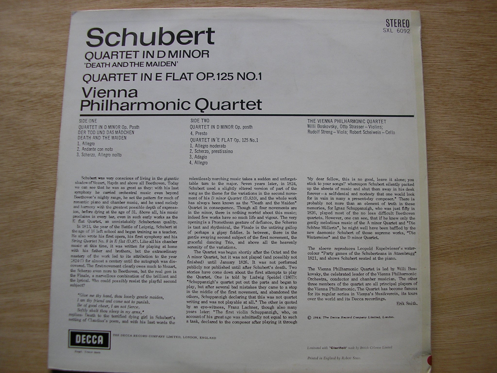 SXL 6092 SCHUBERT: QUARTET IN D 'Death & The Maiden' / QUARTET in E VIENNA PHILHARMONIC QUARTET