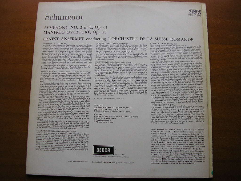 SXL 6205 SCHUMANN: SYMPHONY No. 2 / MANFRED OVERTURE ANSERMET / SUISSE ROMANDE