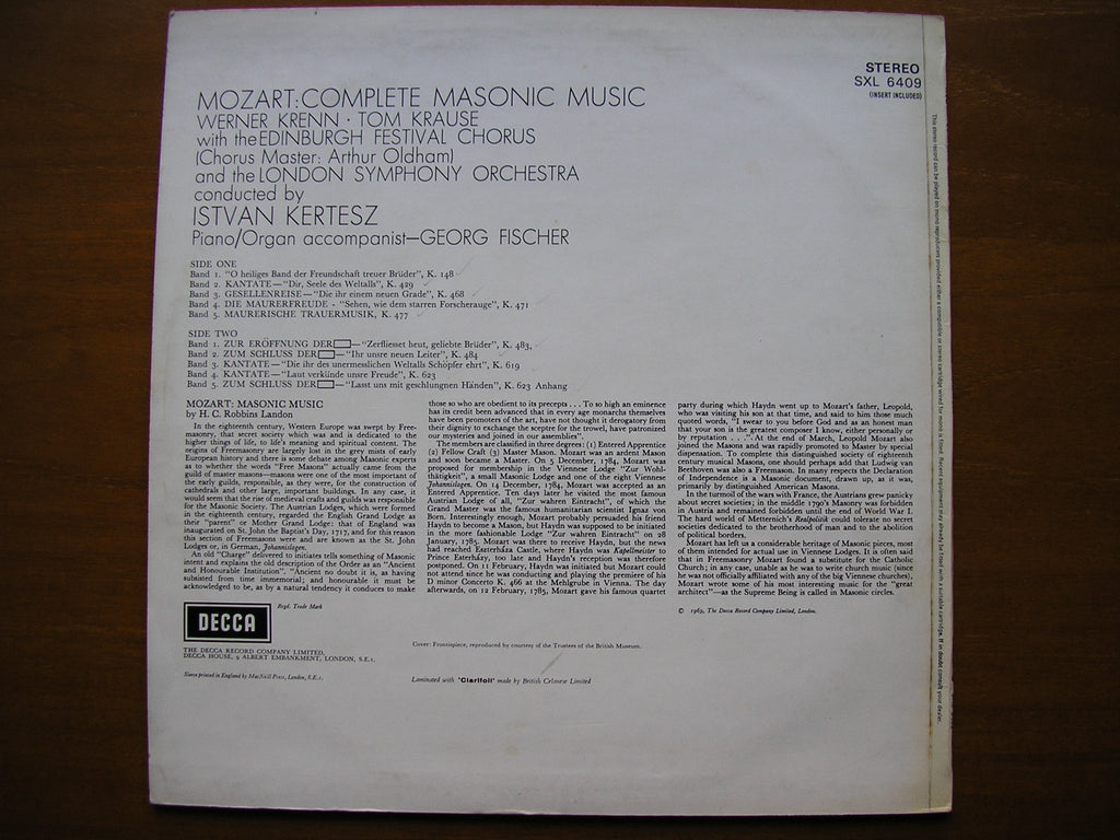 SXL 6409 MOZART: COMPLETE MASONIC MUSIC     KERTESZ / LONDON SYMPHONY    ED3