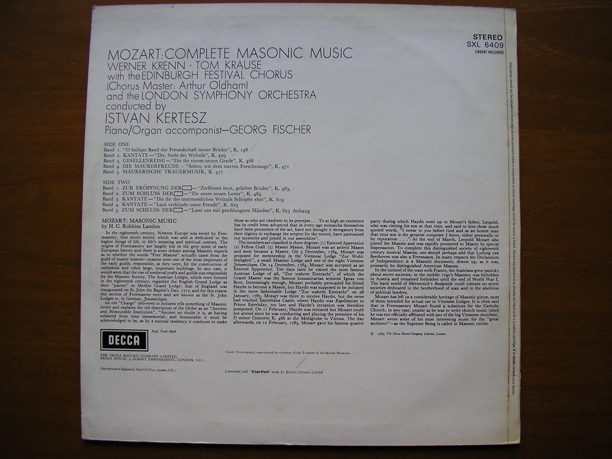SXL 6409 MOZART: COMPLETE MASONIC MUSIC     KERTESZ / LONDON SYMPHONY    ED3