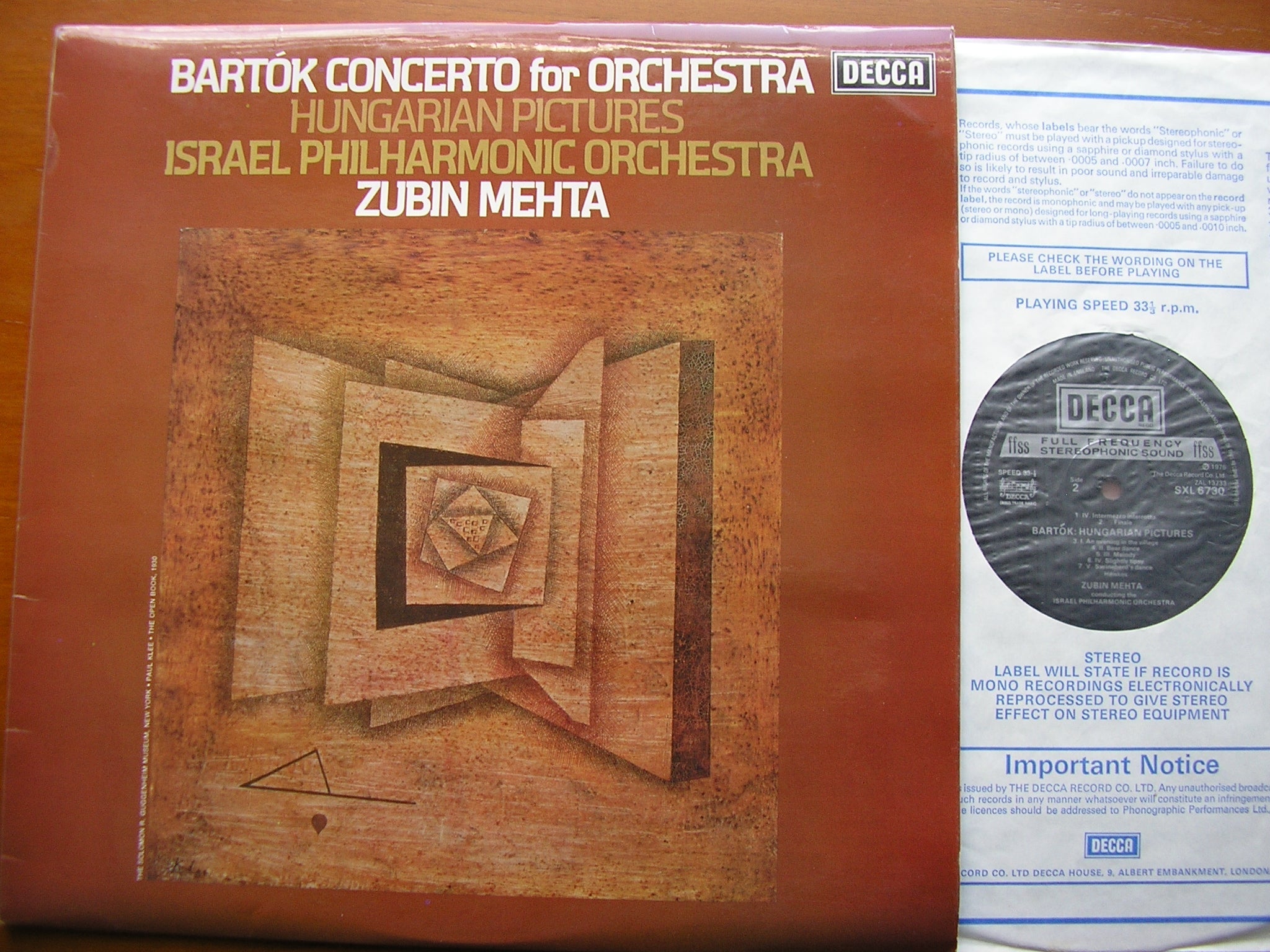 BARTOK: CONCERTO FOR ORCHESTRA / HUNGARIAN PICTURES      MEHTA / ISRAEL PHILHARMONIC      SXL 6730