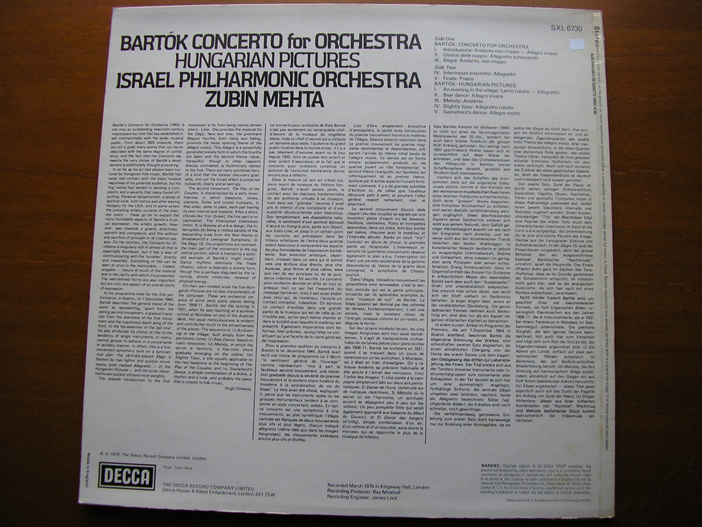 BARTOK: CONCERTO FOR ORCHESTRA / HUNGARIAN PICTURES      MEHTA / ISRAEL PHILHARMONIC      SXL 6730