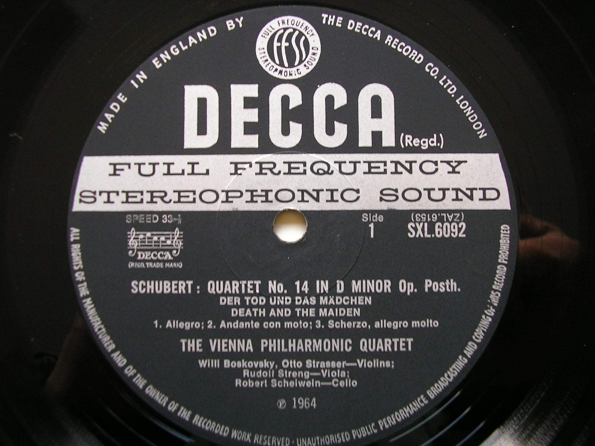 SXL 6092 SCHUBERT: QUARTET IN D 'Death & The Maiden' / QUARTET in E VIENNA PHILHARMONIC QUARTET