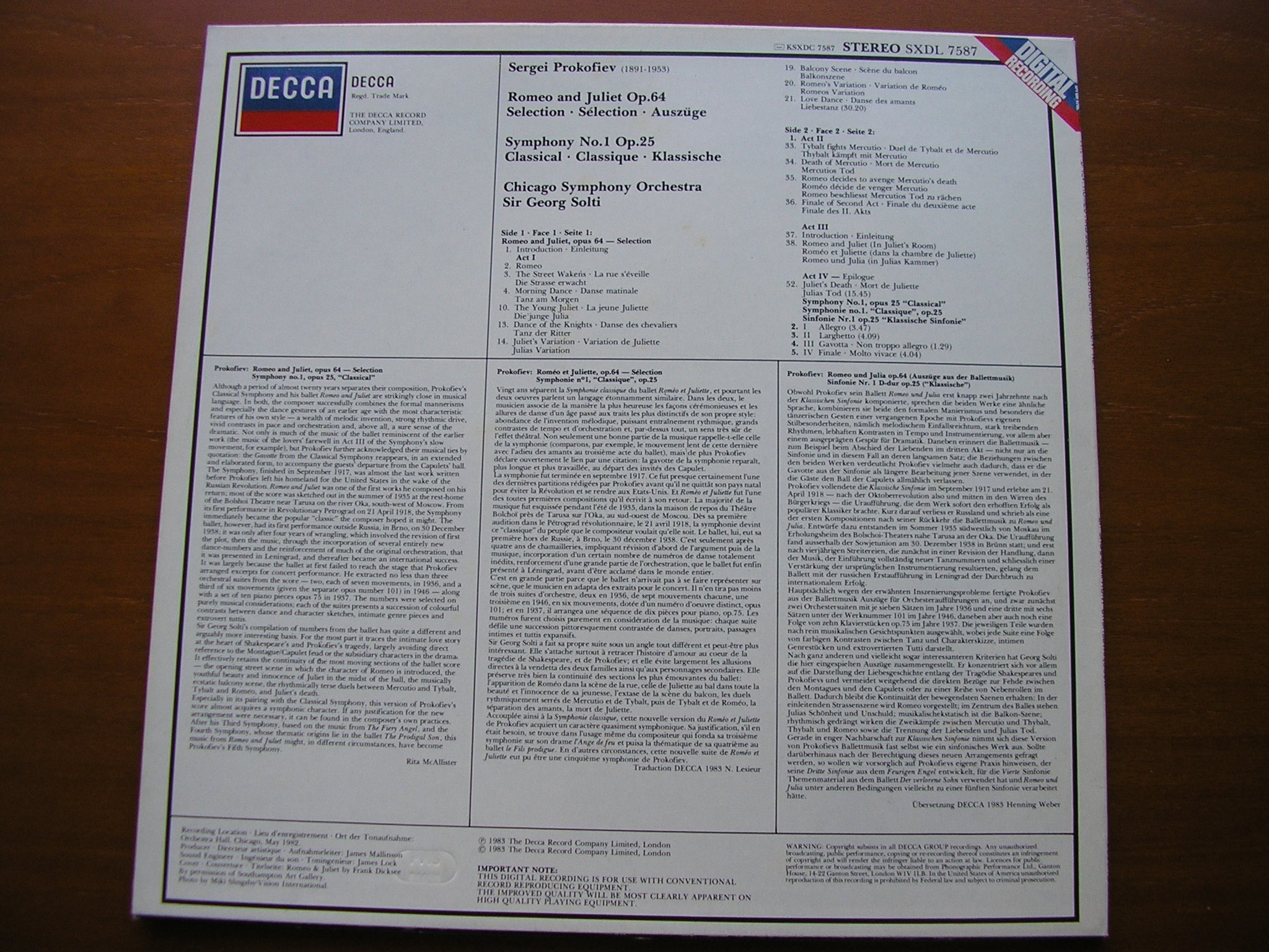 PROKOFIEV: ROMEO & JULIET excerpts / SYMPHONY No. 1    SOLTI / CHICAGO SYMPHONY   SXDL 7587