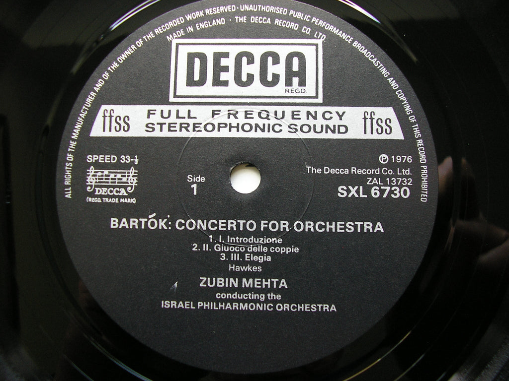 BARTOK: CONCERTO FOR ORCHESTRA / HUNGARIAN PICTURES      MEHTA / ISRAEL PHILHARMONIC      SXL 6730
