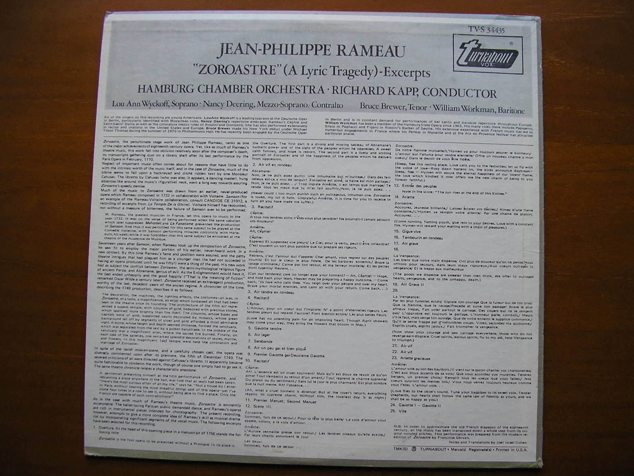 RAMEAU: ZOROASTRE (1749)   excerpts     SOLOISTS / HAMBURG CHAMBER ORCHESTRA / KAPP    TVS 34435