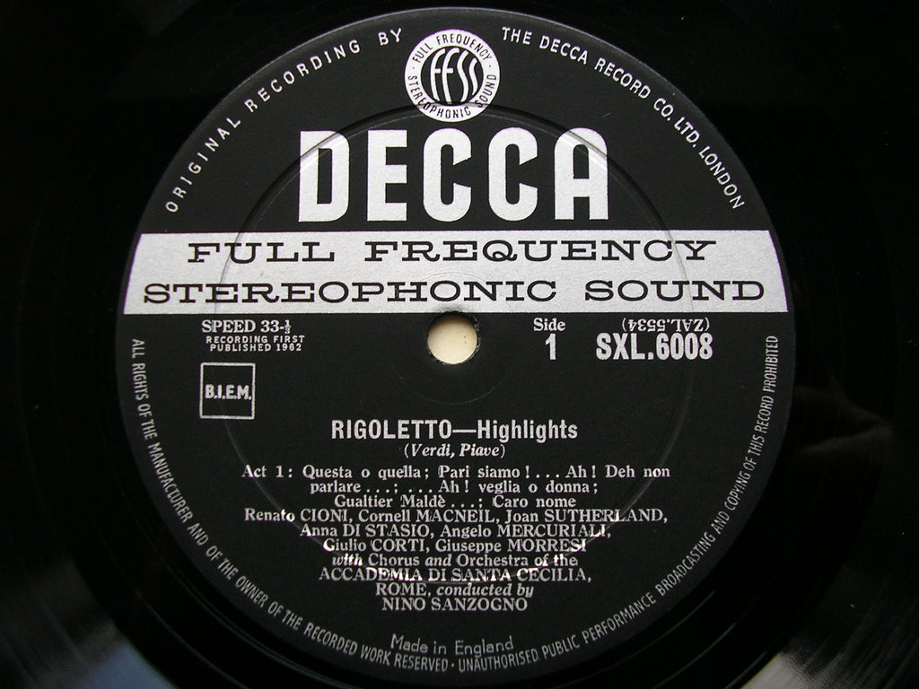 SXL 6008  VERDI: RIGOLETTO    highlights    MACNEIL / SUTHERLAND / CIONI / SANTA CECILIA / SANZOGNO     ED 1          IA ROME /