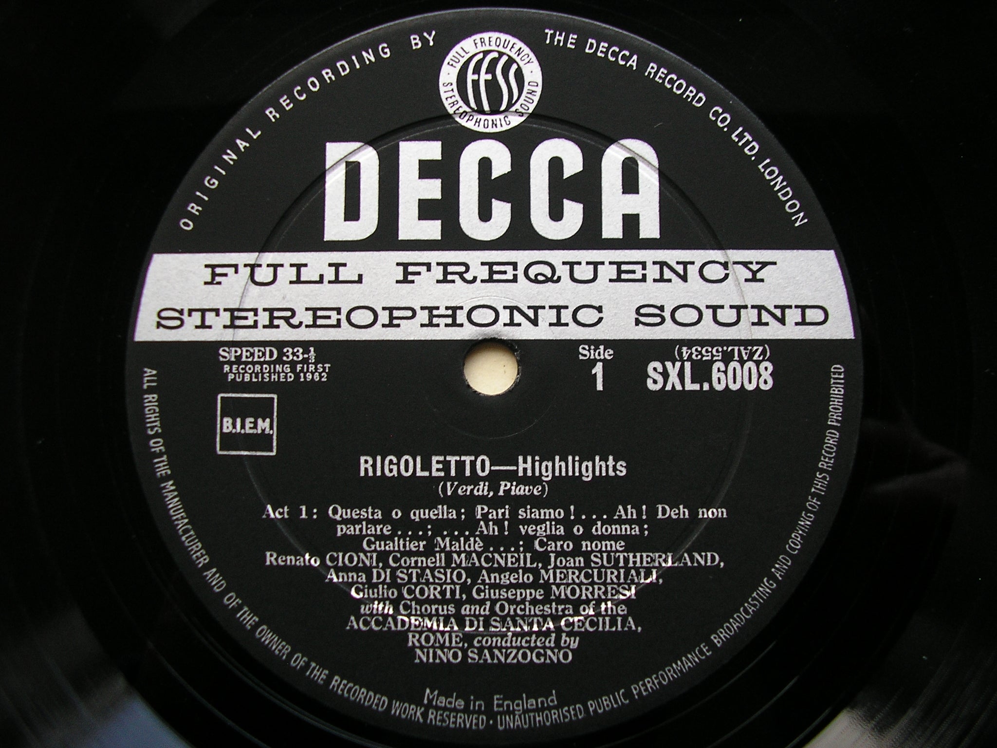 SXL 6008  VERDI: RIGOLETTO    highlights    MACNEIL / SUTHERLAND / CIONI / SANTA CECILIA / SANZOGNO     ED 1          IA ROME /